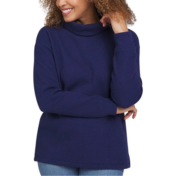 Lands’ End Women's waffle Navy Turtleneck Sweater - Picture 2 of 11
